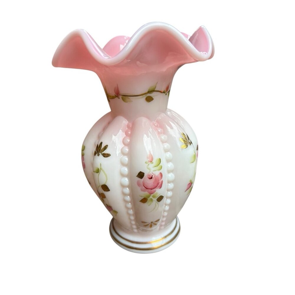 Fenton Rosalene Charleton Collection Hand Painted Beaded Melon Vase 2002 Signed - Picture 3 of 9